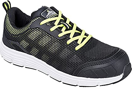 Portwest FT15 Steel Textile Trainer KPU/ Mesh Lace-Up Fastening Lightweight | Black/Green, 3, S1P EN ISO 20345, CE Certified, Anti-Static Footwear, Slip Resistant Outsole, Durable, Flock Lined