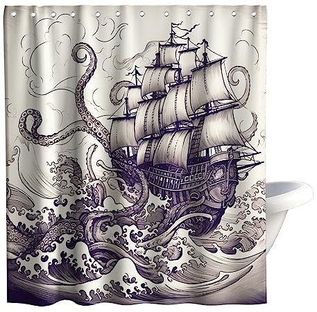 Final Friday Nautical Shower Curtain Octopus Theme Fabric Kraken Bathroom Ocean Decor Sets with Grommets and Hooks 72Wx72H Grey Black and White