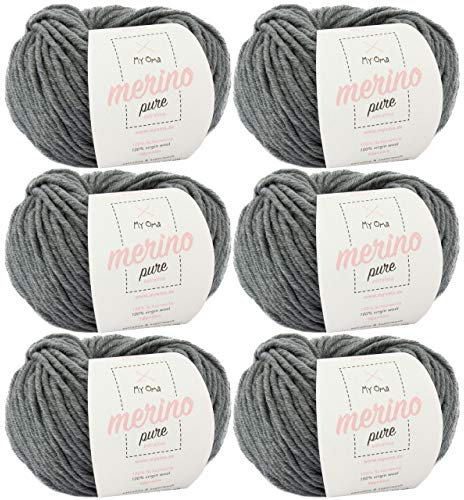 weiche Wolle -6x Merino pure steingrau (Fb 4303)- 6 Knäuel Merinogarn grau + GRATIS Label - Wolle zum Häkeln - 50g/65m - Nadelstärke 6-7mm - 100% Merino - Merino Wolle grau zum Stricken