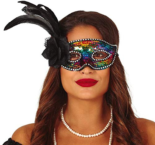 Amakando Schimmernde Pailletten-Maske mit Federn/Venezianische Maske mit Rose/EIN Highlight zu Maskenball & Karneval