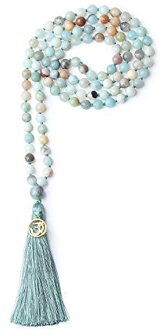 COAI Unisex Handgeknüpft 108 Mala Yoga Kette Buddhistische Halskette Gebetskette aus 6mm Vielfärbigen Facettierten Amazoniten mit Quaste und OM Anhänger