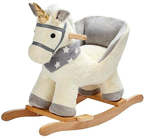 Bakaji Unicorno a Dondolo Cavalluccio Cavalcabile Peluche Giocattolo per Bambini con Effetti Sonori Maniglie e Cintura di Sicurezza Beige