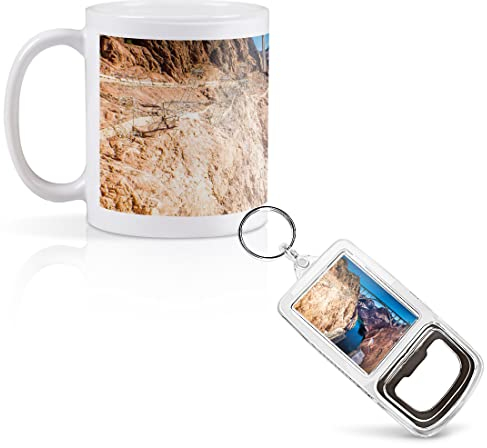 1 x 11oz (284ml) White Ceramic Mug Cup & 1 x Bottle Opener Keyring - Memorial Bridge Hoover Dam Design for Coffee Tea Drinks Kitchen Birthday Office #45705