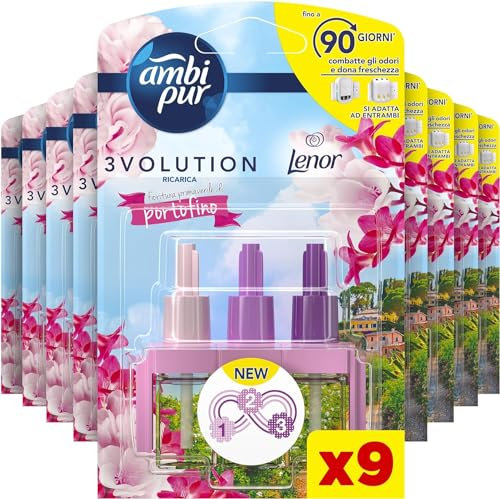 Ambi Pur 3Volution Profumatore per Ambienti, 9 Ricariche per Diffurore Elettrico, Fragranza Portofino, tecnologia Elimina Odori, Fino a 90 Giorni di Profumo per Ricarica