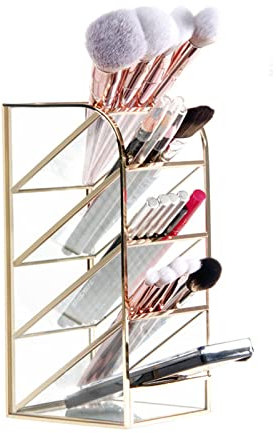 SLHEQING Kosmetik Pinselhalter Glas Make Up Pinsel Halter Gold Pinselhalter Schmink Organizer 5 Fächer, Make-up-Aufbewahrung für Pinsel, Lippenstifte, Eyeliner