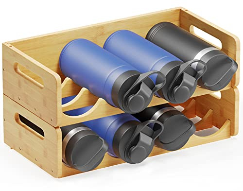 SpaceAid Bambus-Wasserflaschen-Organizer mit Etiketten, Küche, Speisekammer, Wasserflasche, Aufbewahrungsregal für Schränke, Tassen- und Weinflaschenhalter, Regal-Organizer, 4 Fächer, für 8 Flaschen