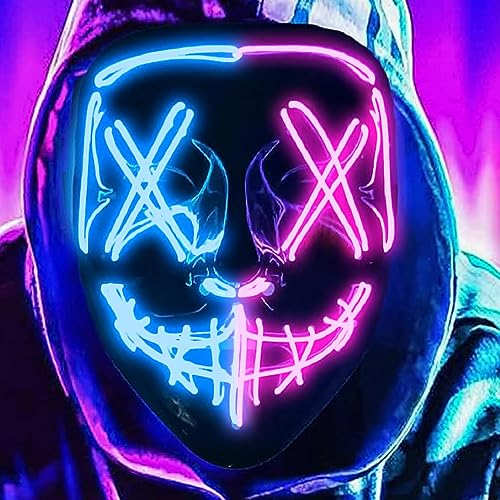 DWTECH LED Halloween Maske – beleuchtete Purge Maske mit LED-Masken EL-Draht gruselige Maske für Maskerade Cosplay beleuchtete Gesichtsmaske für Kinder Männer Frauen Halloween Festival Party