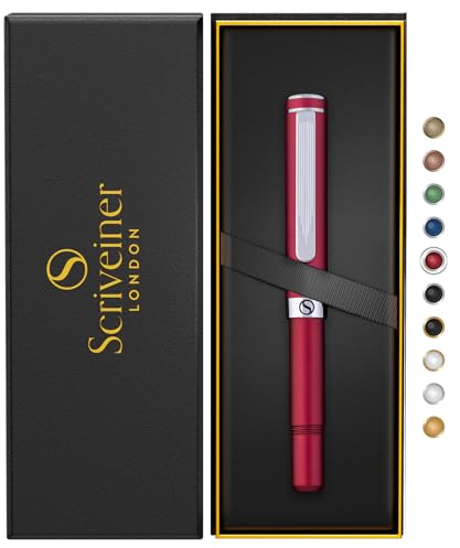 Scriveiner Rot Kugelschreiber EDC Luxus Stift, Taschenkugelschreiber mit Chrom, Cooler Schreibstift für Männer & Frauen, Deutsche Schmidt Mine, Ausgefallenes Büro Designer Schreibset