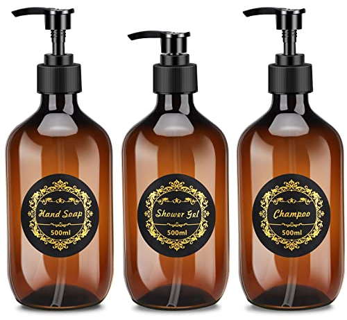 Botella de Bomba Recargable, 500 ML Dispensadores de Baño con Etiqueta de Shower Gel, CHAMPOO, Hand Soap, Botellas Vacías de Plástico de Baño para Viajes, Hotel - 3 PCS