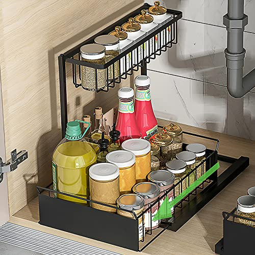 UMILKI 2 Etagen Ausziehbarer Unter Waschbecken Regal,Spülschrankregal mit Schiebeschublade,Edelstahl Spülbecken Unterschrank Organizer, Under Sink Organizer für Küche, Badezimmer