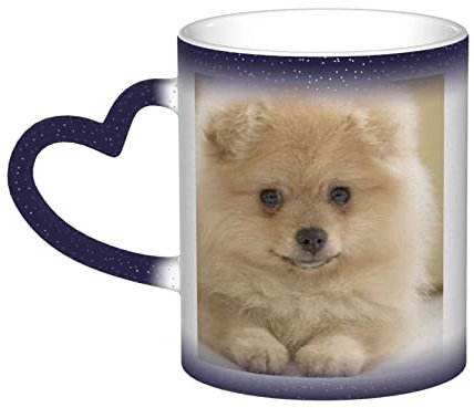 BVMPRS Tasse mit süßem Zwergspitz, herzförmiger Griff, Keramik, wärmeempfindliche Farbwechsel-Tasse – perfekt für Tee, Kaffee und mehr