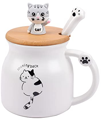 XinHuiGY Cute Cat Mugs Coffee Cup with Lid and Cat paw Spoon,Ceramic Coffee Mugs, Kawaii Cups for Tea Milk,Women Girls Student Korean Style 350ML Christmas Birthday Gift (White)