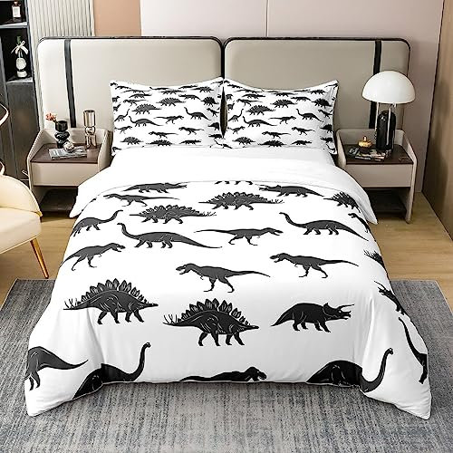 100% Baumwolle Dinosaurier Bettbezug Dino Silhouetten Bettwäsche Set 155x220,Wildtiere Schwarz Weiß Tröstenbezug für Jungen Teens Erwachsenes Schlafzimmer Dekor Dinosaurier Quilt Cover 1 Kissenbezug