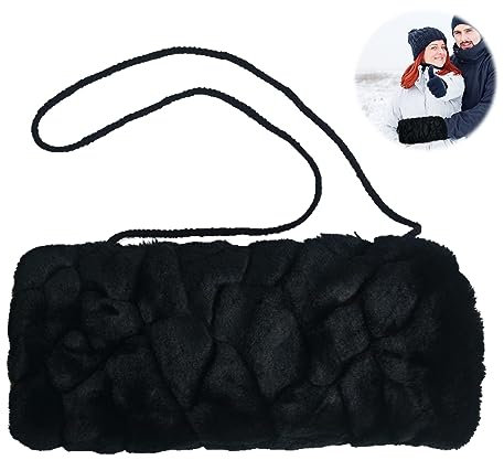 Forhome Manchon d'hiver, manchette en fausse fourrure, chauffe-mains en peluche noire, chauffe-mains pratique avec cordon zip pour femme, homme, pour une utilisation en extérieur