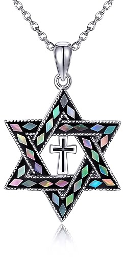 Davidstern Kette mit Kreuz 925 Sterling Silber Jüdischer Stern Kette Abalone Shell Davidstern Anhänger Religiöser Jüdischer Schmuck Geschenke für Damen Unisex mit 18+2inch Verstellbar