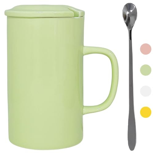 NIUKOMY Taza de Té Extra Grande, 900 ML Copa Big Mug de Porcelana, Tazas de Cerámica Muy Grande, Taza Gigante Café con Cuchara y Tapa, XXL Taza Verde