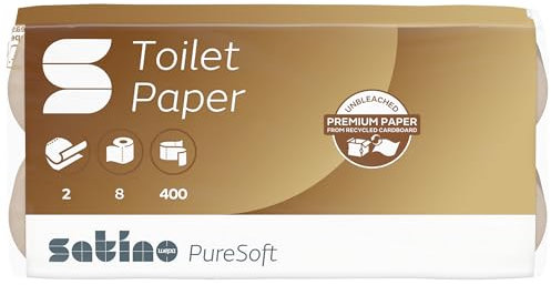 Satino PureSoft Toilettenpapier 2-lagig – extrem weich & äußerst umweltfreundlich dank 100% Recyclingpapier – Made in Germany – 100% recycelbar – Umfang: 8 Rollen – 400 Blatt je Klorolle