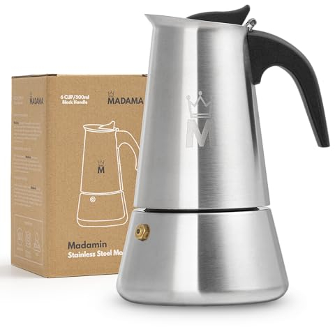 MADAMA - Moka in Acciaio Inox, Caffettiera a Induzione, Moka a Induzione, Caffettiera in Acciaio Adatta a Tutti i Tipi di Piani Cottura - 6 Tazze, 300 ml, Manico Nero