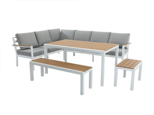 Vente-unique - Garten-Sitzgruppe - Aluminium & Polywood: 1 Ecksofa, 2 Bänke & 1 Tisch - Holzfarben hell & Grau - ZOLAYA von MYLIA