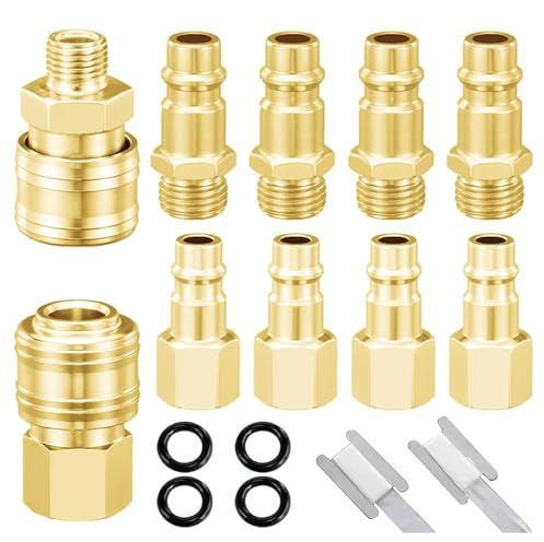 Ylinwtech 10 pezzi 1/4 BSP Connettore Frizione per tubi 'aria Compressore,Con Anello Ermetico+ nastro materia prima,Attacchi Rapidi Aria Compressa 1/4 BSP,per set di Raccordi per tubi Europei(oro)