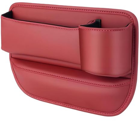 Autositz-Organizer Spalt-Aufbewahrungstasche mit Becher-Aufbewahrung und Dekoration aus PU-Leder 30 cm für Dinge Schlüssel oder Handys (Leuchtend Rot, Beifahrersitz)