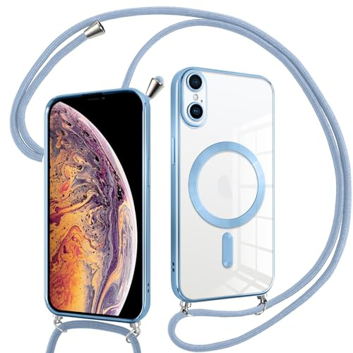 Pnakqil Coque pour iPhone XS Max avec Cordon, Compatible avec MagSafe, Transparent Silicone Ultra Mince Housse avec avec Réglable Collier, Antichoc Protection Magnétique Housse, Bleu