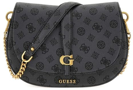 GUESS Kuba Tri Compartment Flap Shoulder Bag Charcoal Logo