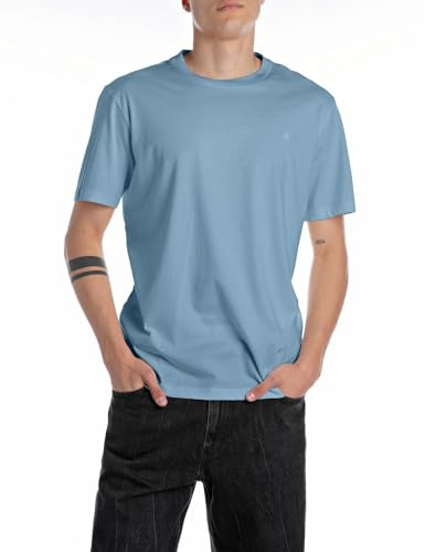 Replay Herren T-Shirt Kurzarm aus Baumwolle, Grigio Medio 388 (Blau), M