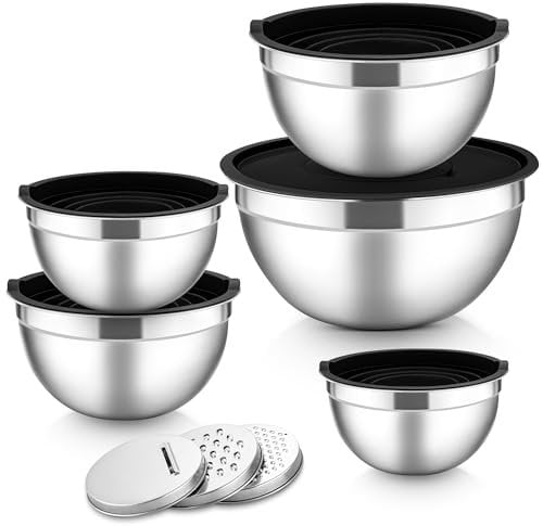 Herogo Lot de 5 bols mélangeurs en acier inoxydable noir avec couvercles hermétiques - Saladier en métal avec 3 râpes pour préparer, pâtisserie, servir, stocker, mélanger - Passe au lave-vaisselle