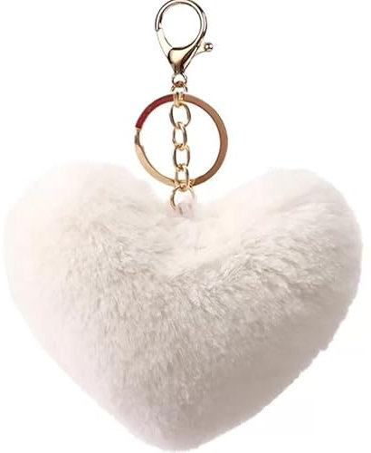 MVKZFE Porte-clés en fausse fourrure avec pompon en forme de cœur - Accessoire de sac à dos - Pour femme et fille, blanc