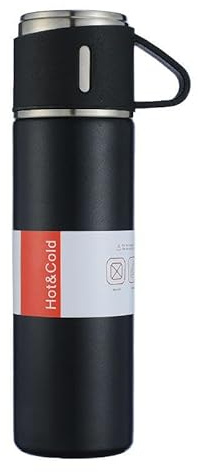 Herzberg HG04210-BLK, Isolierflasche aus Edelstahl 500ml, Warm-/Kalthaltung 12h, 360° auslaufsicher, 3 Becher inklusive, BPA-frei, elegantes und kompaktes Design