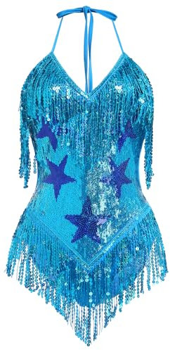 IBAKOM Rave Outfits Damen Sexy Music Festival Outfit Sexy Pailletten Fransen Bodysuit Glitzerndes Kleid Club Party Nachtclub Kostüm Für Festival Tanz Clubwear Party Slim Fit Cosplay Kostüm blau S