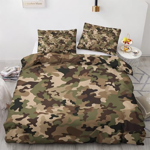NOGAWA Bettwäsche 135x200 Camouflage - Militär Bettbezug 135x200 2er Set, Weich & Bügelfrei Mikrofaser Bettwäsche-Sets, Wendebettwäsche mit Reißverschluss und 1 Kissenbezug 80x80