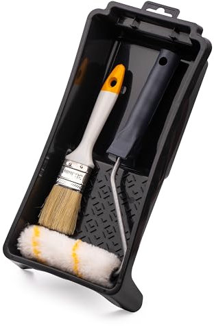 MIVOS Praktisches Malerset 4-teilig - Farbroller 10cm - Pinsel für Emulsionen - Farbwanne 28x16cm - Steckbügel 27cm - Streichen Set - MADE IN EU