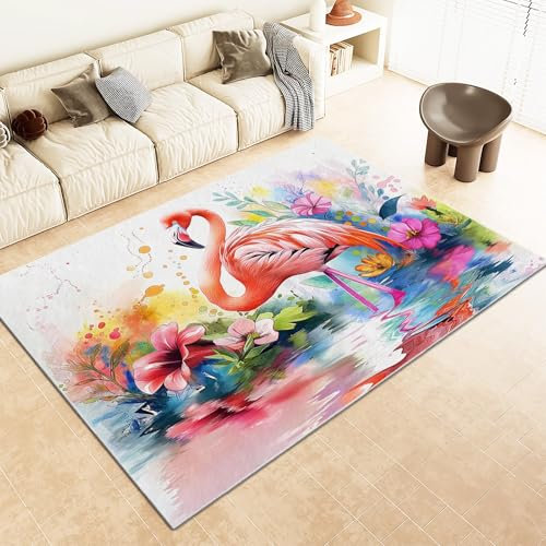 Srigzcaly Tapis de Salon Antidérapant Aquarelle Flamant Rose Floral Couleur Tapis de Chambre Poil Court Doux, Couleur Moderne Tapis en Léger Résistant pour Salle à Manger et Bureau, 80x150cm