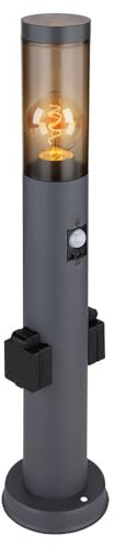 Sockelleuchte mit Steckdose und Bewegungsmelder Steckdosensäule Garten mit Licht, Edelstahl anthrazit, Kunststoff rauch, 1x LED 6W 806Lm warmweiß, DxH 7,6x60 cm