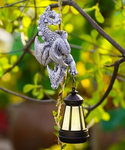 Hängend Drachen Figuren mit Solarlampen Gartendeko für Draußen Geschenke | Lustige Drachenfigur Deko, Geschenk für Frauen/Männer/Mama, Wetterfest Garten Terrasse Balkon Deko Außen Zubehör Grau