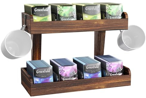 2 Niveles Organizador de Bolsa de Té para El Mostrador, Soporte de Teabag de Madera con Tabiques Ajustables y 2 Ganchos, Organizador de Bolsa de Té de Almacenamiento para La Oficina, Cocina (2 Tire)