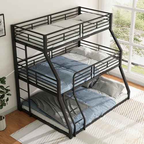 Crlnaup Etagenbett, 90 * 200 cm, 120 x 200cm und 140 x 200cm, Metallbettgestell, Eisenbett, Dreifach-Etagenbett, für Kinder, Jugendliche und Erwachsene, Ohne Matratze, Schwarz
