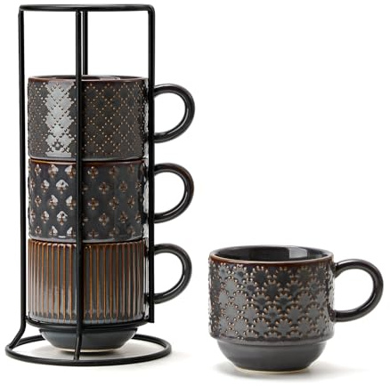 JIEMEI HOME Large Ceramic Coffee Mug Set of 4 with Stand, 15 Oz Stackable Embossment Ribbed Latte Cup Set for Cappuccino, Latte, Tea, Hot Cocoa, Drinks - Dishwasher & Microwave Safe, Dark Purple