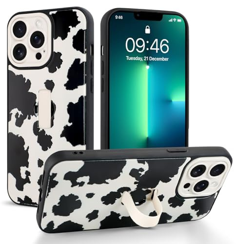 Jefonha Compatible with iPhone 13 Pro Case with Finger Hand Strap Kickstand, Cute Funny Milk Cow Print Phone Case for Women Men, Full Camera Protection Shockproof Protective Cover, Milk Cow