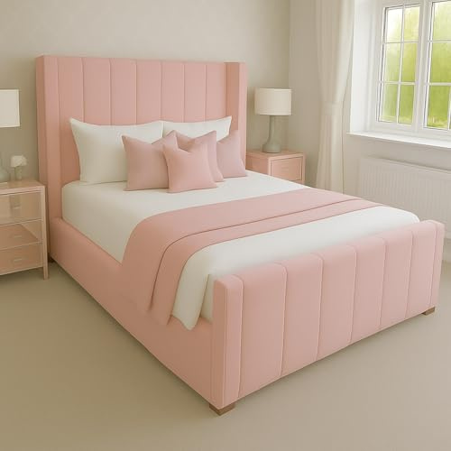 Attock Beds Plush Velvet Wing Panel Bed Frame with Optional Mattress & Ottoman Gas Lift Storage – Luxury Handmade Bed (Pink Plush, Small Double 4ft Bed Frame)