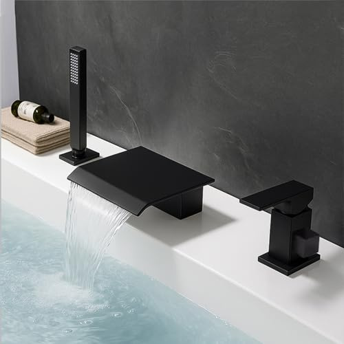 XJTNLB Rubinetto Vasca Cascata Miscelatore Doccia Monocomando Nero Rubinetteria Bordo Vasca 3 Fori