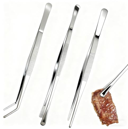 BORISCA 3 Stück Kochpinzette Edelstahl Lang 30cm, Lange Pinzette, 3 Verschiedene Grillzange, Feine Küchenpinzette für Grillen, Meeresfrüchte, Reparatur und Service Geeignet Sind (A)