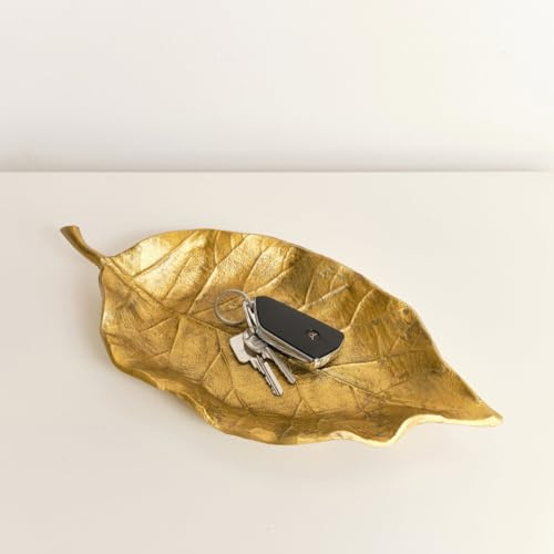 Melody Maison Large Antique Gold Bay Leaf Shaped Trinket Tray - 36cm