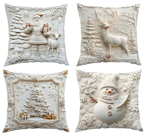 Weihnachtskissen Kissen Weihnachten Kissenbezug KissenhüLle Weihnachtskissenbezug Dekokissen Xmas Deko Hirsch Weiß Christmas Pillow Cushion Covers 45x45cm Winter 4 Stück Decoration (02-Weiß, 45x45cm)