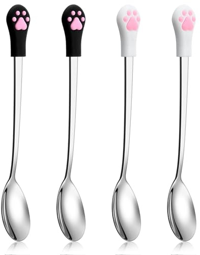 4 Pcs Cat Food Spoon, Cat Spoons for Wet Foods Cute Paw Cats Can Spoon with 5.9 In Long Handle Stainless Steel Pet Food Scoop Silicone Pet Claw Mixing Spoons for Dog and Cats Foods Can (White & Black)