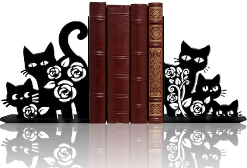 PRESSINART 2 Pcs 2 Styles Serre Livres Chat Metal Noir Motif Animal Mignon Design Decoratif Lourd pour Etageres Maison Bureau Organisation Table Style 7.48 x 6.3 x 1.18 inch