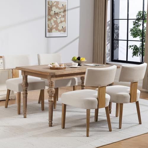 ZJhome Dining Chairs, Fabric Upholstered Wood Kitchen Chairs Set of 4, Linen Curved Backrest Accent Chairs,Farmhouse Modern Dining Chairs with Foot Pad for Kitchen/Living Room/Restaurant/Cafe-Beige