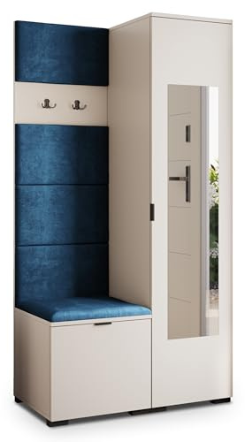 Masseno Flugarderoben Set VIRA, Kleiderschrank-Set mit Spiegel und Sitzbank, Garderobenschrank Flur mit 3 Regalböden, Kaschmir